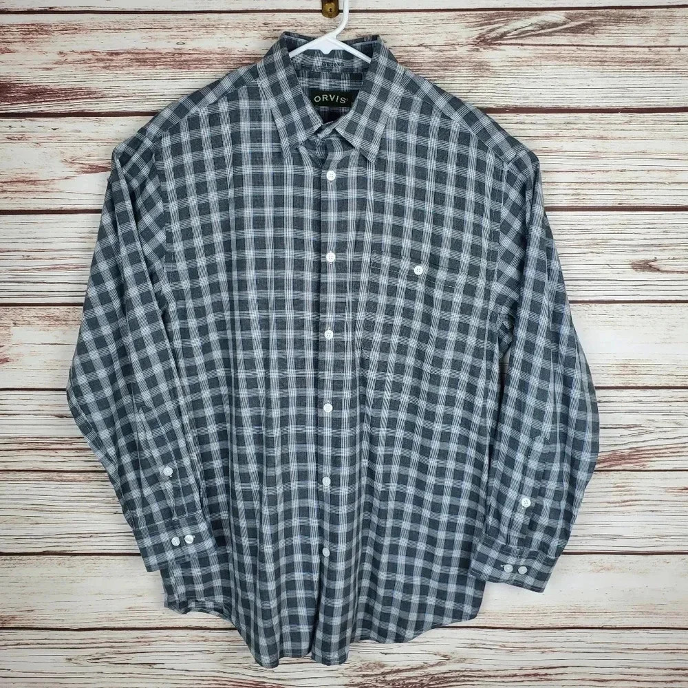 Orvis Mens Large Gray Houndstooth Plaid Long Sleeve Button Down Shirt       #198